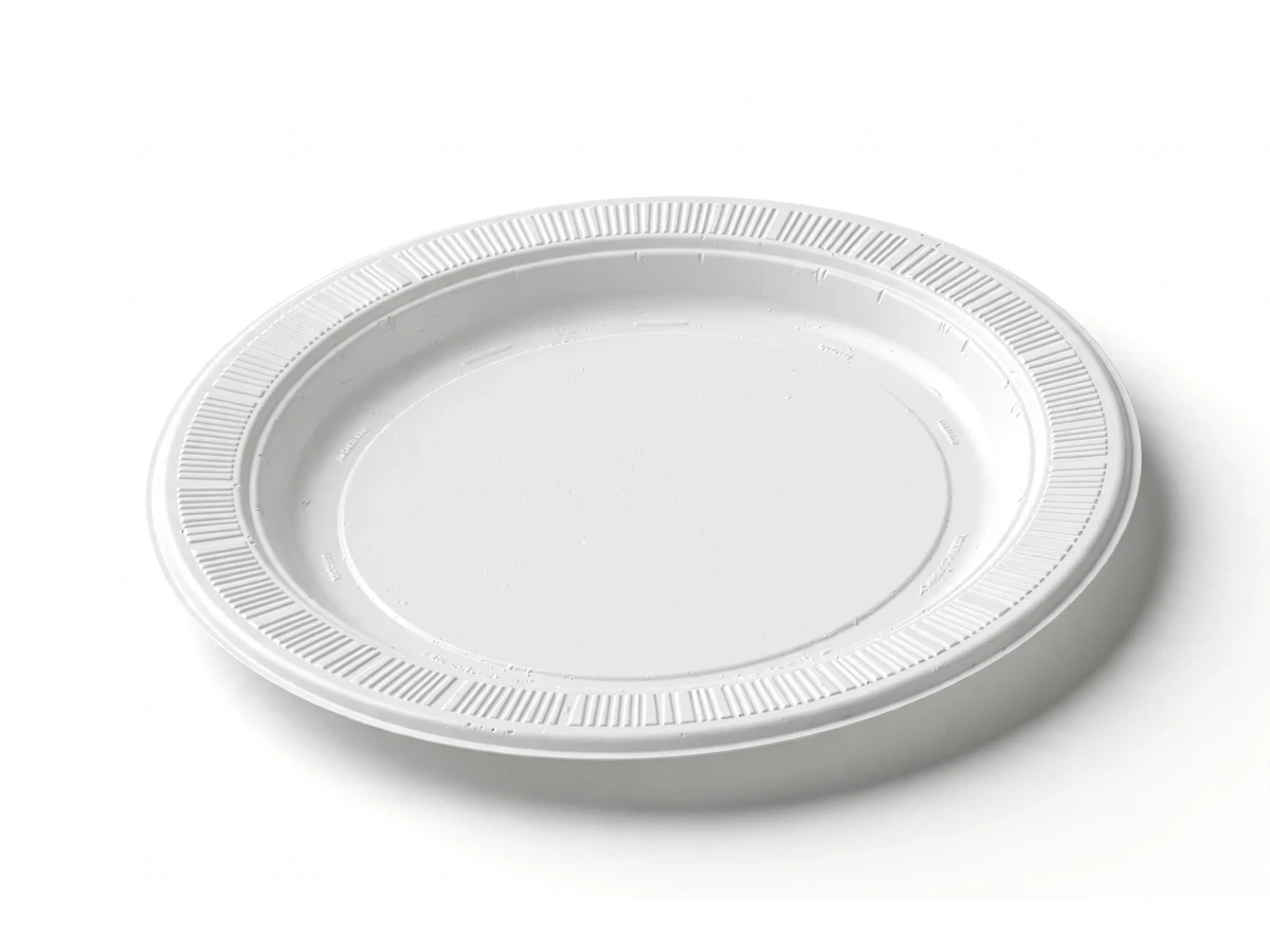 White disposable plastic plate representing AMS No. 14