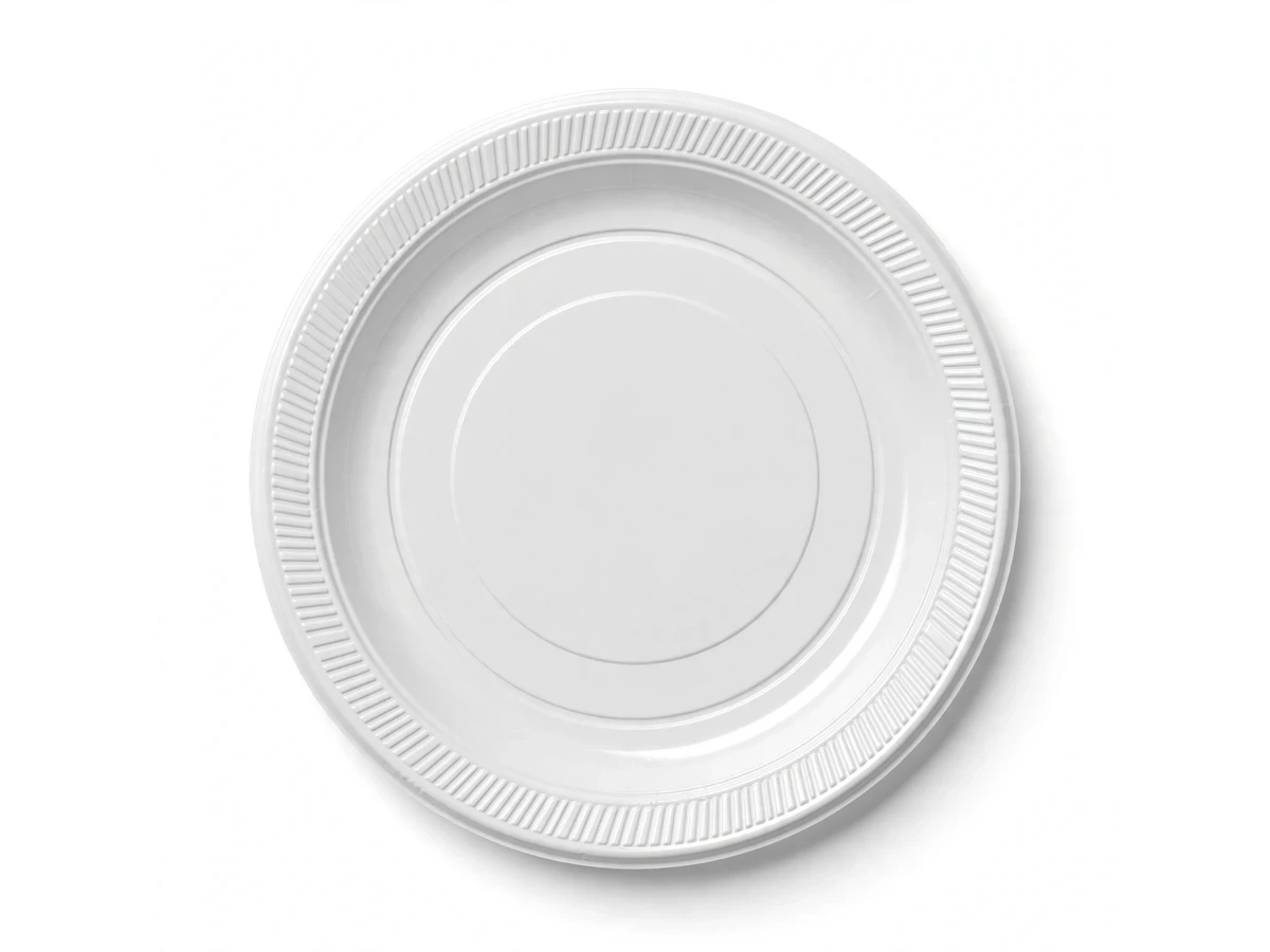 White round disposable plastic plate representing AMS 30